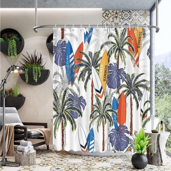 Summer Tropical Shower Curtain Tropical Hawaii Coconut Trees Palm Leaf Shower - Picture 2 of 7